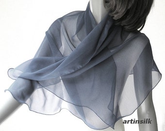 Gunmetal Gray Scarf Pure Chiffon Silk, Sheer Medium Grey, Petite Small Shoulder Coverup 20x42", Pure 100% Silk, Handmade, Artinsilk.