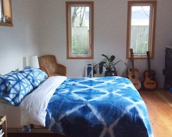 Hand Dyed Indigo Blanket, Shibori Bedspread, Queen Size, Anna Joyce, Portland, OR