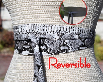 REVERSIBLE 2 sides of Leather - Obi Wrap Sash Belt - Black + White python snake print - custom • bespoke - XS S M L XL petite or plus size