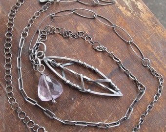 LONG Silver Necklace Funky Silver Leaf Pendant Purple Gemstone Necklace Long Silver Chain Leaf Necklace Silver Wire Wrapped Pendant