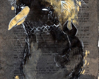 Strange Bird Smiling Fish Monoprint Original Sea Monster