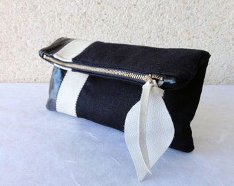 Leather Clutch in Italian Leather and Black European Linen