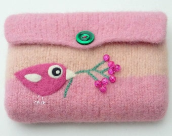 Felted bag pouch purse bag hand knit needle felted pink wool needle felted birdie birds berries