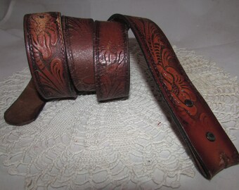 Vintage Worn Tooled Brown Leather Belt Only (no buckle), Embossed Mallory, Western, Cowboy, USA