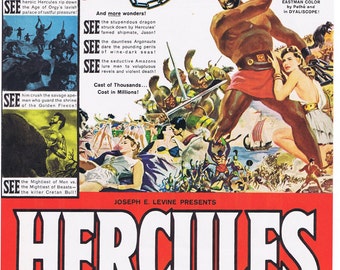 Life magazine.Hercules.Film.Cinema.original.page.ad.1959.home deco.vintage.art.gift.birthday.mom.dad.house warming.film buff.red.colourful