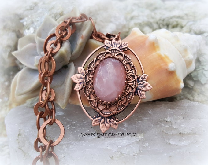 Rose Quartz, Antique Copper, Vintage Necklace, Gemstone Earrings, Romance, Victorian, OOAK