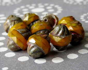 Picasso Czech Glass Turbine Bead Mustard Antique Style Faceted 11x10mm Oval : 10 pc Orange Yellow Picasso Bead