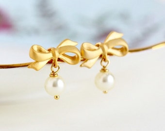 Drop Earrings, Ivory Pearl Earrings, Bow Jewelry, Gold Bow Earrings, Pearl Bow Earrings, Bridal Earrings, Bridesmaids Gifts, Spring Fashion