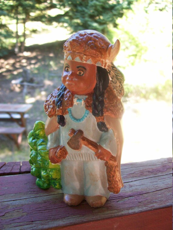 Indian Boy Ceramic Figure, Christmas Decor, small handpainted figure of an Indian boy with a small pine tree,