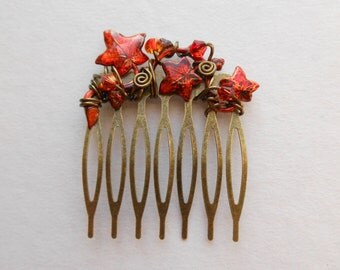 Small Fire Ivy Leaves Hair Comb -- Ivy Vine, Swarovski Crystals, Brass Comb, Antique Brass Wire Wrapped, Hair Accessory, Autumn Jewels