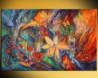 Jewish fantasy figurative abstract mixed technique spiritual art "Passion for the Ultramarine" by Elena Kotliarker. Authentic Judaica gift