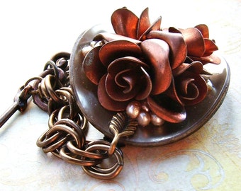 Sophia Vintage Copper Flower, Pearl and Celluloid Button Bracelet