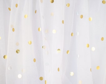 White and Gold Polka Dot Tulle - ultra-fine tulle fabric with soft feel and drape - 58" wide - sold by the half yard