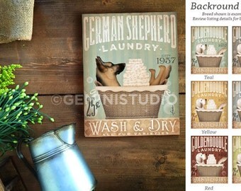 German Shepherd dog Laundry Company basket illustration graphic art on canvas by stephen fowler