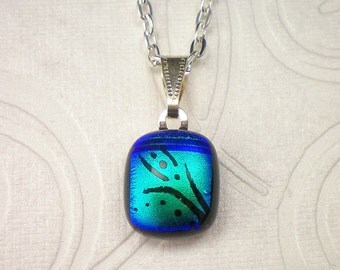 Petite Blue Dichroic Glass Hand Etched Fused Glass Pendant