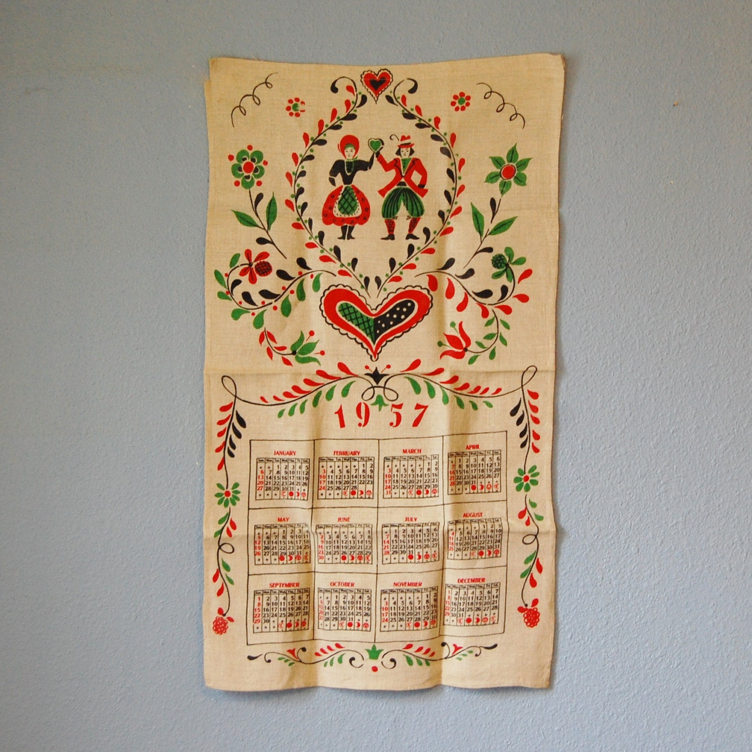 Vintage 1957 Pennsylvania Dutch Linen Calendar Hand Towel