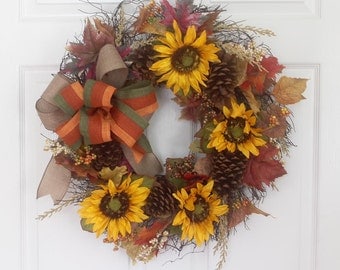 Fall golden sunflower wreath, fall wreath for front door, seasonal wreath, thanksgiving wreath, front door decorations, kitchen décor