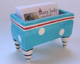 colorful pottery Business Card Holder :) Turquoise Blue with white polka-dots & cherry Red, striped legs ceramics