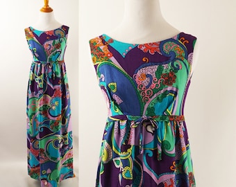 Vintage 1960s Hawaiian Barkcloth Dress Empire Waist Psychedelic Print Maxi B34 Sz S - XS