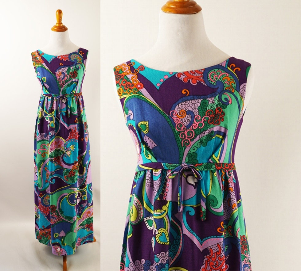 Vintage 1960s Hawaiian Barkcloth Dress Empire Waist