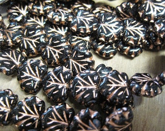20 Black with Copper Detail Czech Pressed Glass Maple Leaf Beads 10 x 13mm