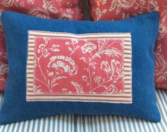 CottaGe Denim Down 16x12 Pillow/FReNch TiCKiNG/Shabby Chic/Lumbar/Blue/Red/Toile