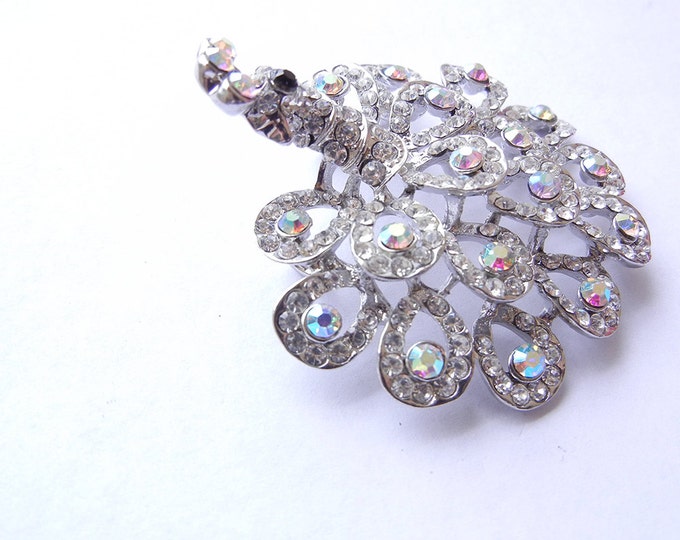 Large Round Peacock Pendant with Clear and Aurora Borealis Rhinestones Dimensional