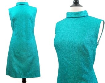 Vintage 60s Dress Mod Space Age Turquoise Lame Shift Cocktail Party Mini M L