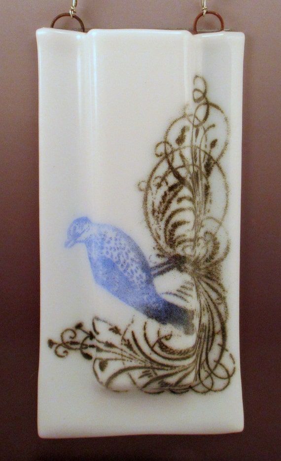 Items similar to Fused Glass Screen Print Vintage Bird Wall Pocket Vase