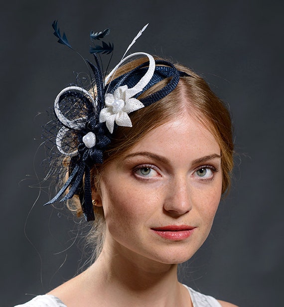 Items similar to Navy and white fascinator headpiece for the weddings