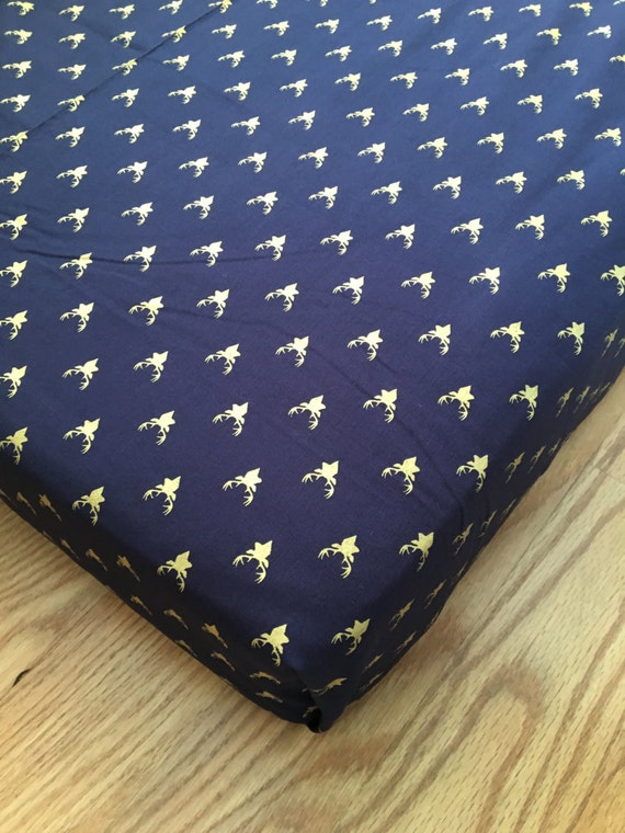 Woodland Navy Crib Sheet in Navy and Gold Buck by RockyTopDesign