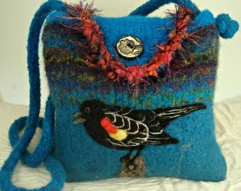 Felted Purse, Felted Handbag, Felted Bird Handbag, Red Wing Blackbird, Needle Felt Bird,Hand Knit Purse, Needle Felt Art, Bird Art