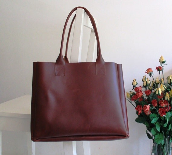 Stiff Brown Genuine Leather Tote Shoulder Bag