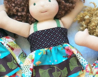 Waldorf doll dress 12 13 14 inch RTS, apron dress ellie m2m Matilda Jane, blue brown green flowers, natural doll clothes, cuddle doll dress