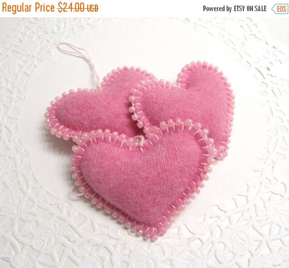 ON SALE Three Pink Cashmere Heart Valentine by mmwolters on Etsy