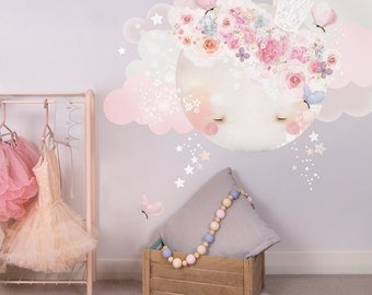 Sleepy Moon Fabric Decal Wall Stickers - Pretty, floral, girls bedroom wall sticker
