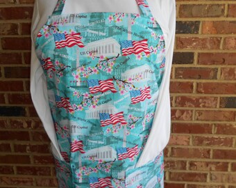 Plus Size Apron, Women's Full Apron, 2 pockets Apron, Washington Cherry Blossom Apron, Teacher Apron, July 4th Apron