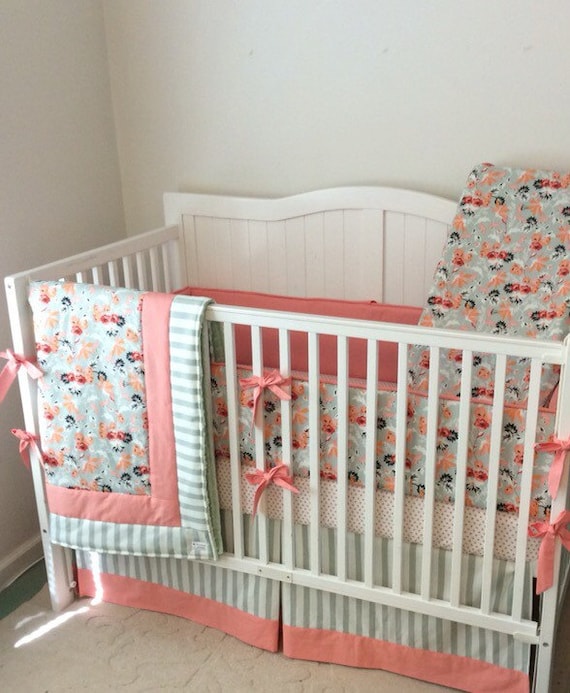 Baby Girl Crib Bedding Set in Peach Coral and Sage Floral