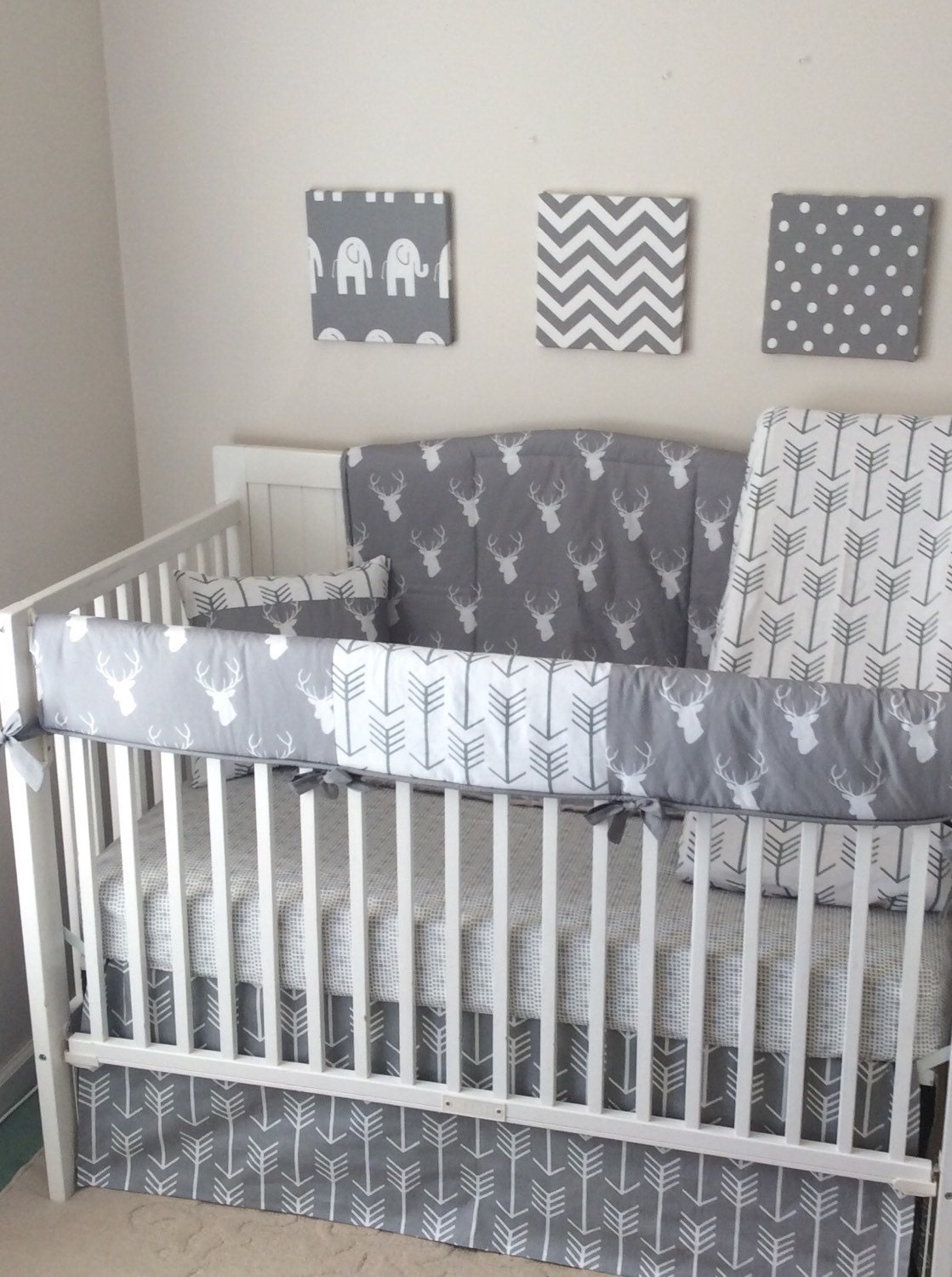 Crib Bedding Neutral in White and Gray Stag by butterbeansboutique