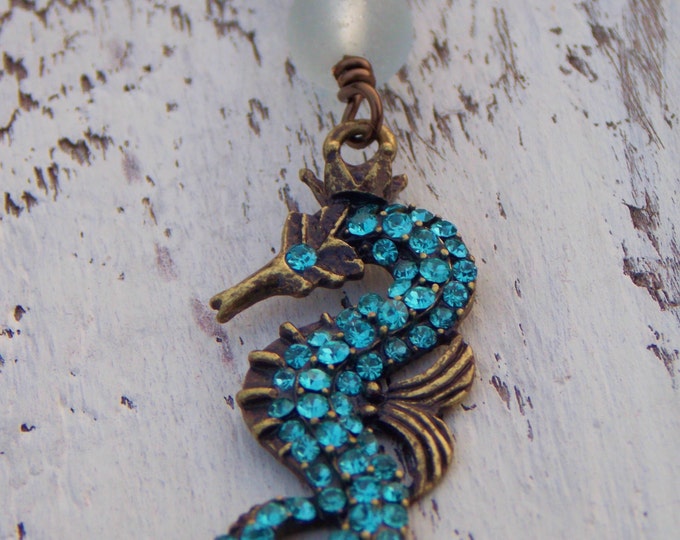 Seahorse Necklace Recycled Seaglass Turquoise Seahorse Rhinestone Seahorse Beach Jewelry Boho Necklace Nautical Jewelry