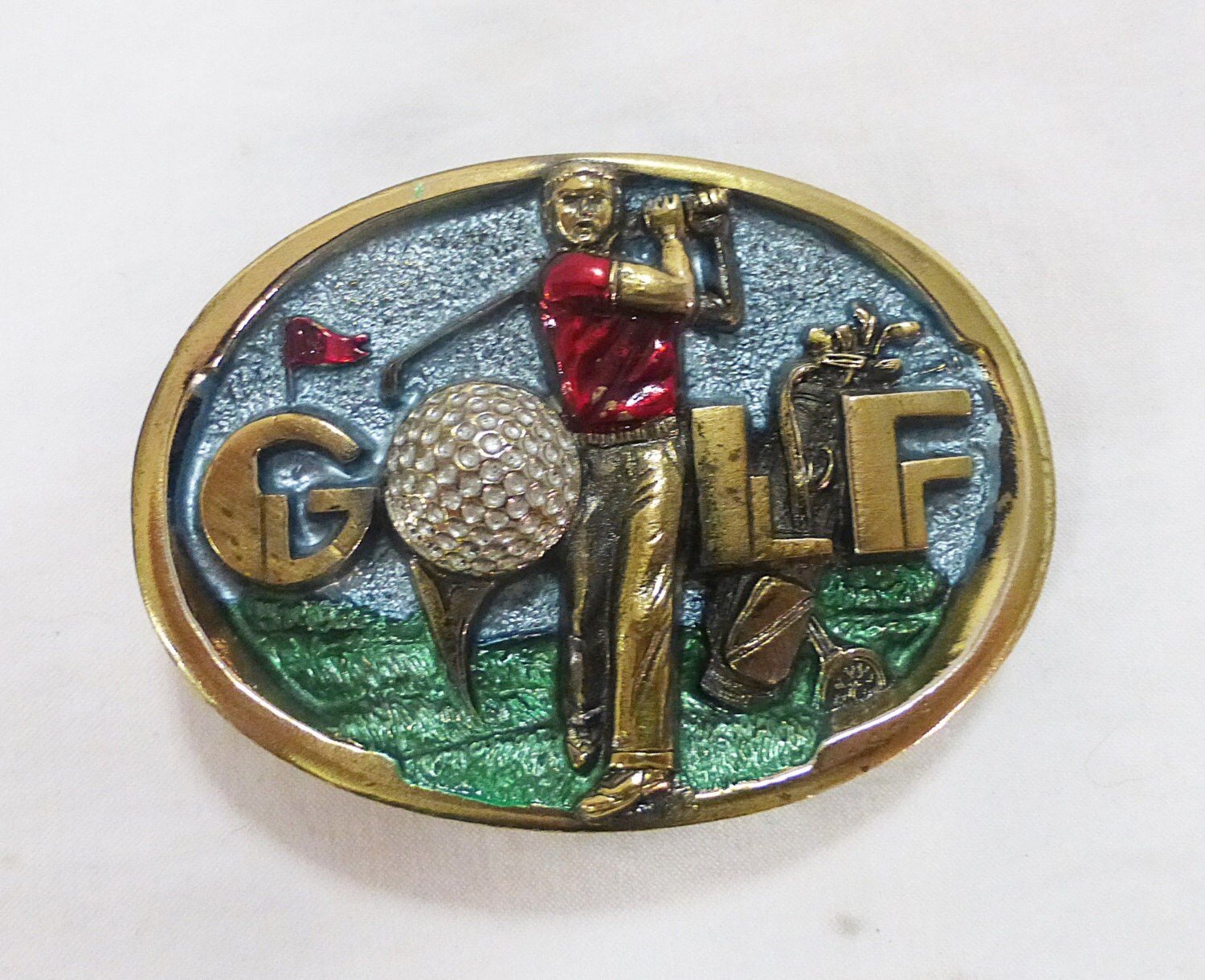 Vintage brass golf belt buckle enamel 3D tee commemorative