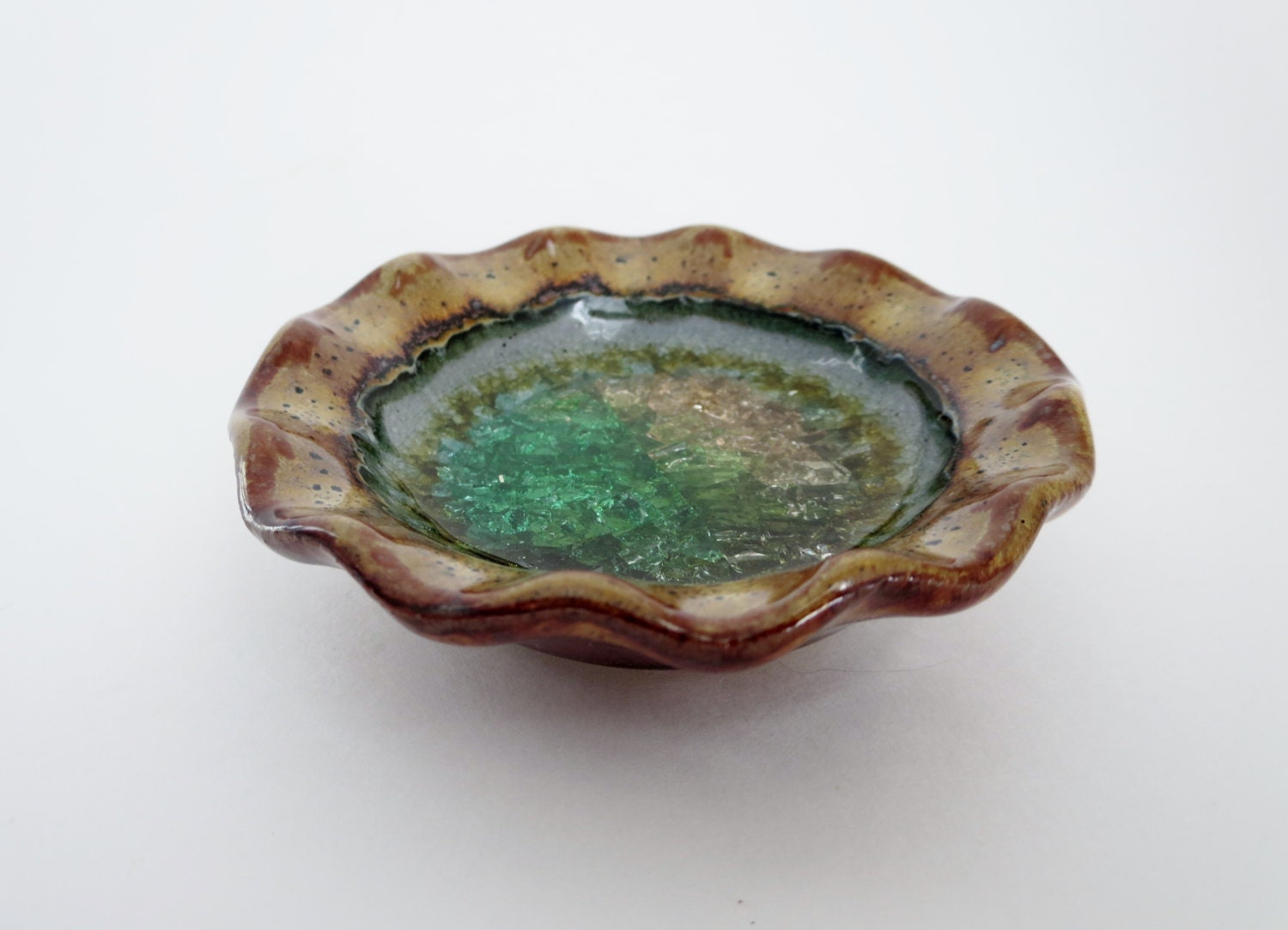 Vintage Pottery Crackle glass dish Melted Glass Trinket dish