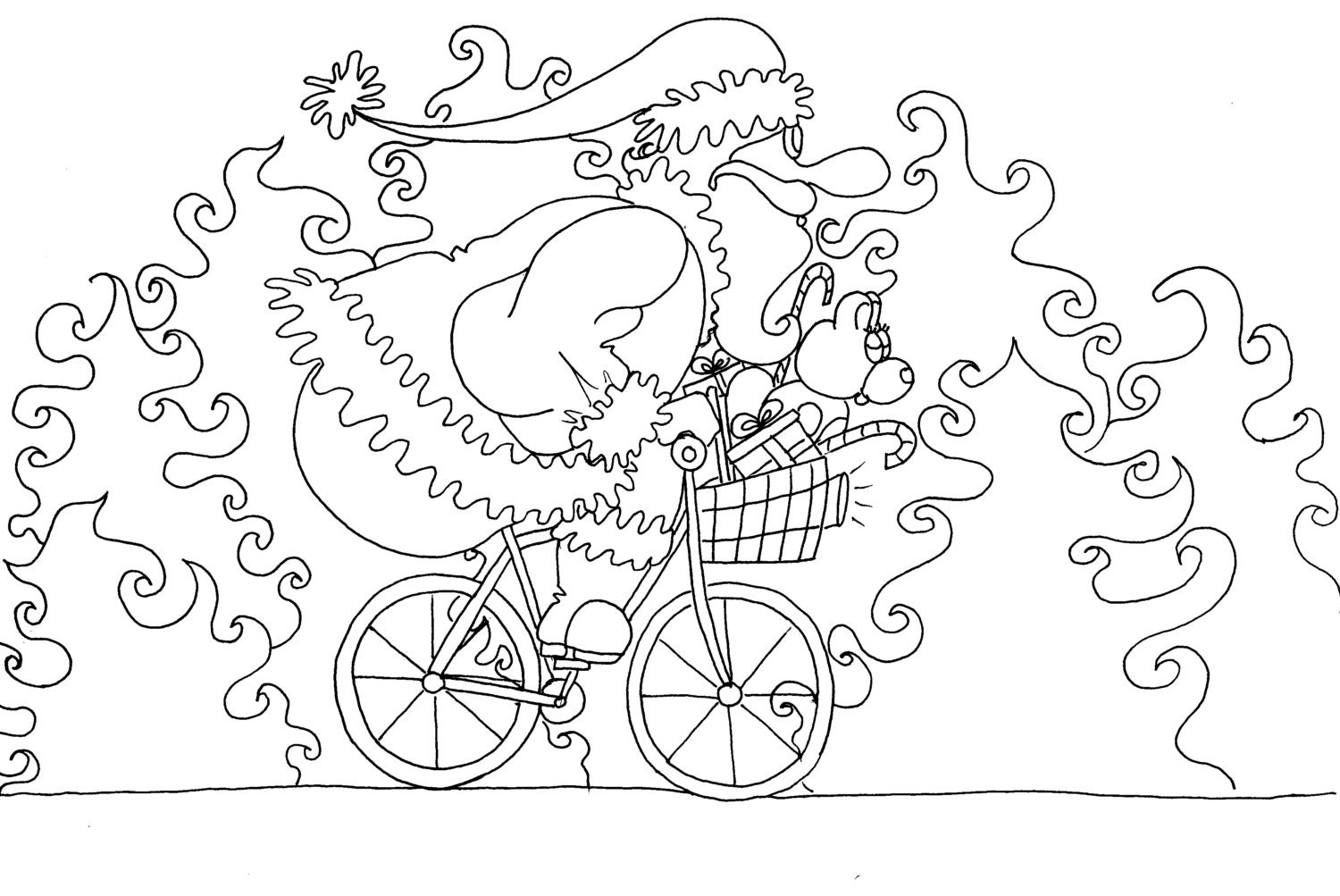 Cycling Santa Christmas Coloring Pages for Adults from the