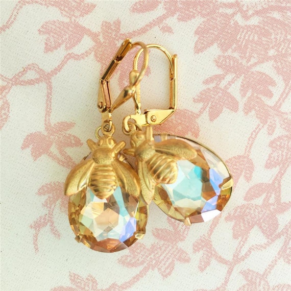 Honey Crystal BEE Earrings Autumn Wedding BRIDE Citrine Gold