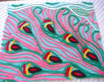 Peacock Feathers Plush Vintage Cotton Bedspread Fabric 20 x 23.5 Inches