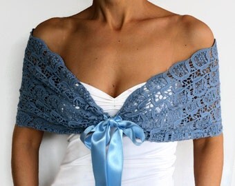 Blue Lace Shrug, Shoulder Wrap, Evening Scarf Shawl, Cotton Lace Bridal Bolero, Top Capelet, Cape, Women Fashion