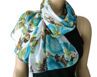 blue white and green long chiffon scarf with cross stitch print-Parisian Neck Tissu