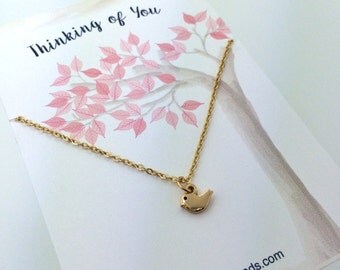 Tiny Bird Necklace- small Gold or Silver bird charm necklace - choose carded Thinking of You or in a silver gift box