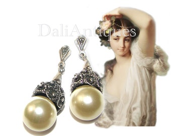 Sterling Silver Big & Bold Pearls Long Dangling Vintage Wedding Pendant Earrings