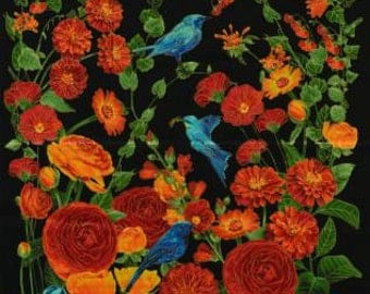 Timeless Treasures - Arcadia - Ranunculus Panel W/Metallic - Black Fabric by the yard CM4254-BLK